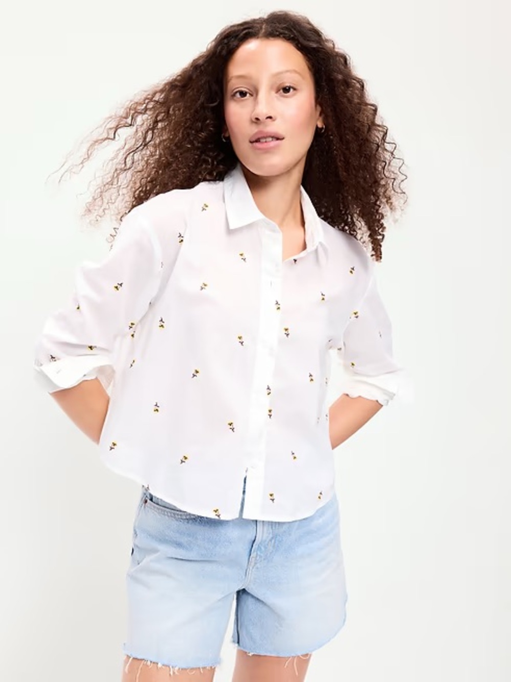 Old Navy White Button-Down Shirt with Tiny Yellow Floral Embroidery
